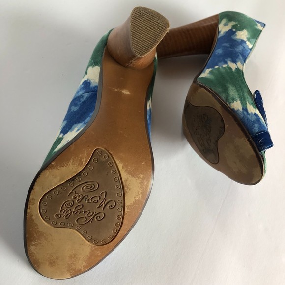 Naughty Monkey Chunky Heels, Blue and Green Watercolor Design, Size 6, Peep Toes - Picture 5 of 7